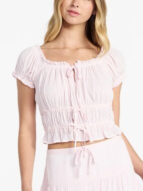 🔴 NO BOUNDARIES Light Pink Off-Shoulder Tie-Front Crop Top